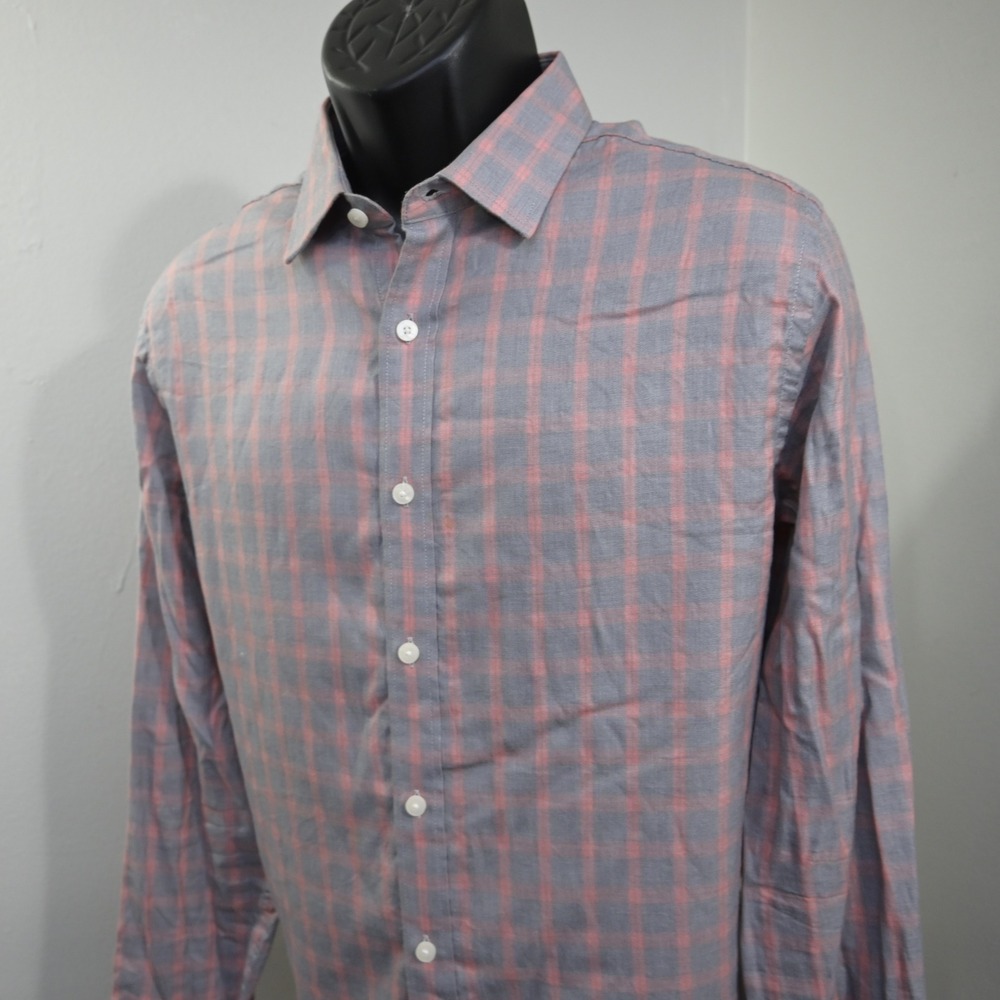 UNTUCKit Button Up Mens Large Slim Fit Gray‎ Pink Plaid Cotton Long Sleeve